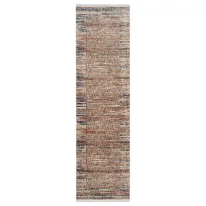 Beige Multicolour Distressed Bordered Soft Fringed Runner Rug 60x240cm