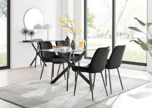 Furniturebox Leonardo 4 Seater Rectangular Glass Dining Table with Silver Metal Legs & 4 Black Pesaro Velvet Black Leg Chairs