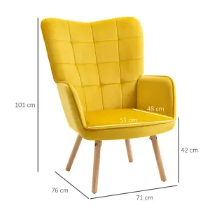 HOMCOM Modern Accent Chair Velvet-Touch Tufted Wingback Armchair, Yellow