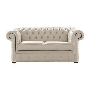 Chesterfield 2 Seater Shelly Beige Leather Sofa Settee Bespoke In Classic Style