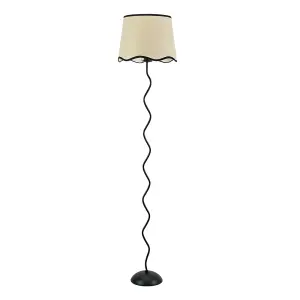 ValueLights Wiggle Black Metal Single Stem Floor Lamp with Linen Scallop Black Trim Tapered Shade