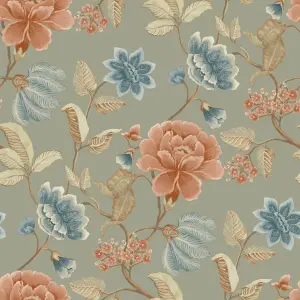 Grandeco Celica Camellia Bloom Floral Trail Textured Wallpaper, Green