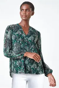 Roman Animal Print Button Front V-Neck Blouse - Green - Blouses Size 10