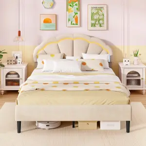 COSTWAY King Size Upholstered LED Bed Frame Kids Platform Bed w/ Adjustable Headboard