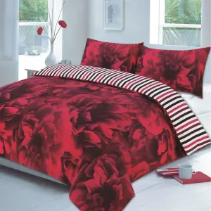 Rose Floral Duvet Cover Set Flowers Reversible Stripe Printed Bedding Set