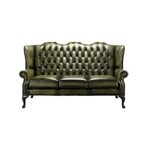 Chesterfield 3 Seater High Back Antique Olive Leather Sofa In Mallory Style