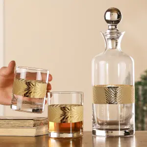 Traditional Glass Decanter Gold Embossed Christmas Glassware Spirit Whisky Decanter Set 1.5L with Two Gold Leaf Tumblers