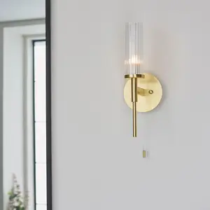 Luminosa Talo Bathroom Metal Wall Lamp, Satin Brass Plate, Ribbed Glass, IP44