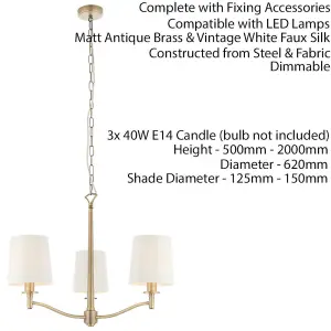 Multi Light Ceiling Pendant 3 Bulb ANTIQUE BRASS & WHITE Chandelier Lamp Shade