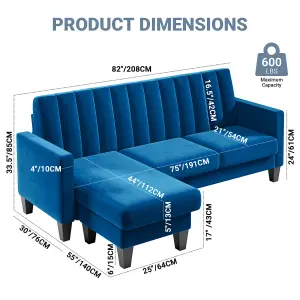 Sectional Couch Velvet L Shaped 3 Seat Blue Sofa with Chaise