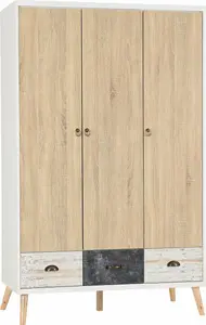 Nordic 3 Door 3 Drawer Wardrobe in White Distressed Effect