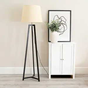 ValueLights Lottie Black Wood Tripod Floor Lamp with Beige Tapered Shade