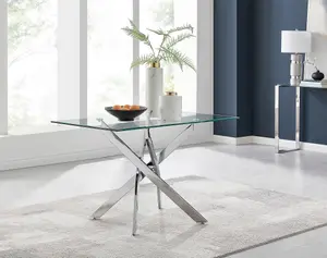 Furniturebox Leonardo 4 Seat Rectangular Glass Dining Table with Silver Metal Legs & 4 Grey Milan Faux Leather Silver Leg Chairs