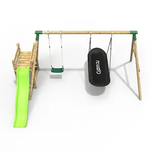 Rebo Wooden Swing Set plus Deck & Slide - Meteorite Green