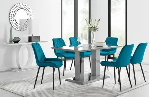 Imperia Grey High Gloss 6 Seater Dining Table with Structural 2 Plinth Column Legs 6 Blue Velvet Black Leg Pesaro Chairs