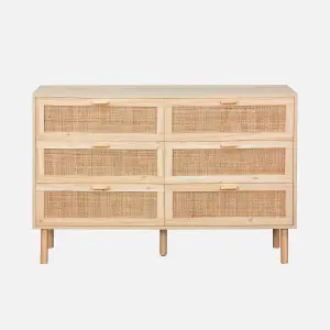 sweeek. 6-drawer chest with cane and wooden effect Camargue Natural 120x40x80 cm