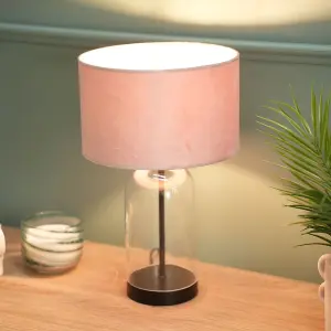 ValueLights Jessy Glass and Black Metal Bedside Table Lamp with a Blush Pink Velvet Lampshade