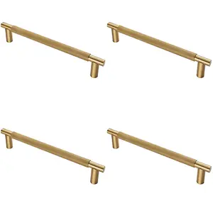 4 PACK - Luxury T Bar Knurled Pull Handle - 300mm Satin Brass - Kitchen Door Cabinet