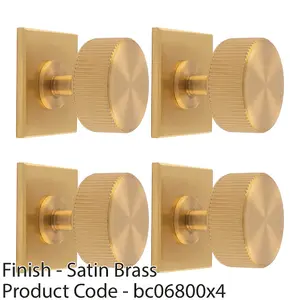 4 PACK - Reeded Radio Cabinet Door Knob & Matching Backplate Lined Satin Brass 40 x 40mm