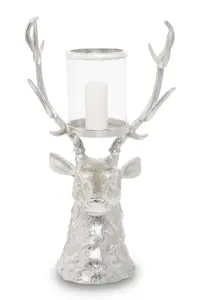 Interiors by Premier Stag glass Candle Holder, Hurricane Design Candle Holder with Stag Head Base, Decorative Centrepiece