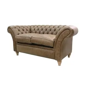 Chesterfield 2 Seater Sofa Settee Cracked Wax Tan Real Leather In Balmoral Style