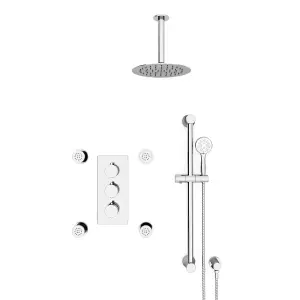 Flora Round 3 Way Concealed Thermostatic Shower Mixer Valve, Shower Head, Body jets, Handset, Slider Rail kit Set Chrome