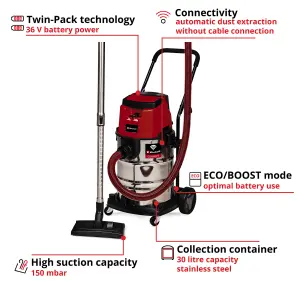 Einhell Cordless Wet And Dry Vacuum Cleaner 30L 36V With Power Tool Takeoff Power X-Change Industrial TP-VC 36/30 S - Body Only