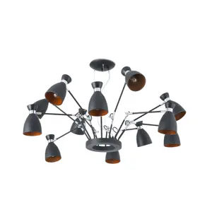 Luminosa Retro 12 Light Multi Arm Ceiling Pendant Black, Gold, E14