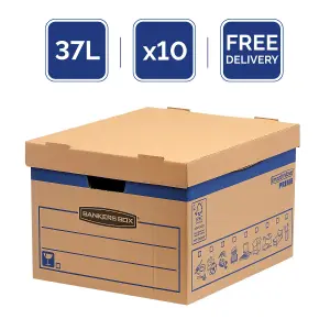 10 BANKERS BOX Cardboard Moving Boxes 37L Heavy Duty Double Wall Boxes Pack of 10