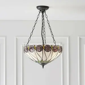 Tiffany Glass 3 Ceiling Light Pendant - Mackintosh Style Rose - Dark Bronze Finish