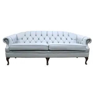 Chesterfield Original 4 Seater Sofa Settee Shelly Moon Mist Grey Leather In Victoria Style