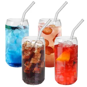 4 X 16oz Can Shaped Glass Cups - Drinking Glasses with Glass Straw - Classic Design With Aesthetic Appeal