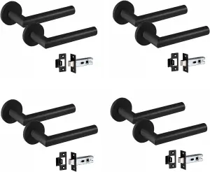 4 Pair of Mitred Design Door Handle On Round Rose Latch Door Handles 2.5" Latch Matt Black Finish  - Golden Grace