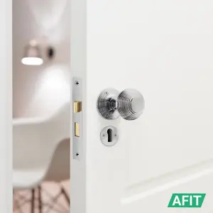 AFIT Beehive Key Lock Door Knob Set Satin Chrome - 1 Pair of Reeded Mortice Knobs (55mm), Sash Lock (80mm) & Hinges (76mm)