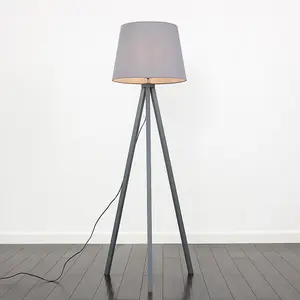 ValueLights Barbro Modern Grey Wood Tripod Design Floor Lamp with Grey Tapered Shade - Includes 6w LED Bulb 3000K Warm White