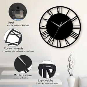 Black Wall Clock Roman Numeral Decorative Silent Wall Clock for Living Room Decor Fireplace 30cm (D)