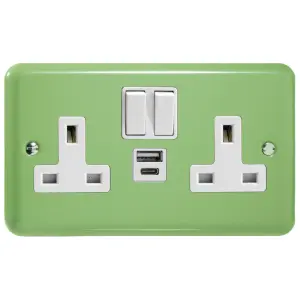 Varilight 2-Gang 13A Single Pole Switched Socket with 1x USB A & 1x USB C Charging Ports Beryl Green