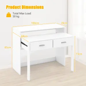 Costway 2 Drawers Extendable Writing Table Computer Desk w/ Monitor Shelf & Wheels