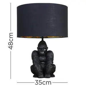 ValueLights Modern Matt Black Sitting Gorilla Monkey Table Lamp With Black Gold Drum Shade