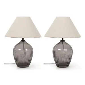 ValueLights Olivet Pair of Grey Glass Table Lamps with Fabric Tapered Lampshade Bedside Light - Bulbs Included