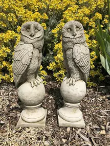 Pair of Barn Owl Finials Stone Statues Outdoor Garden Ornament Animal Sculpture