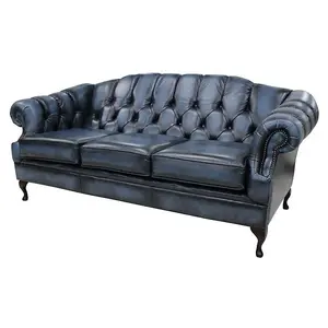 Chesterfield 3 Seater Antique Blue Leather Sofa Settee Custom Made In Victoria Style