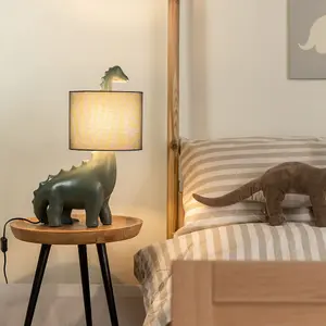 ValueLights Kids Green Dinosaur Bedside Table Lamp with Drum Fabric Shade - Including Bulb