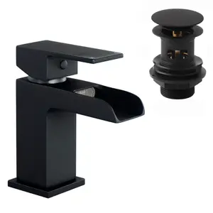 ENKI Plaza Matte Black Sqaure Slotted Brass Basin Mixer Tap & Waste BBT0135