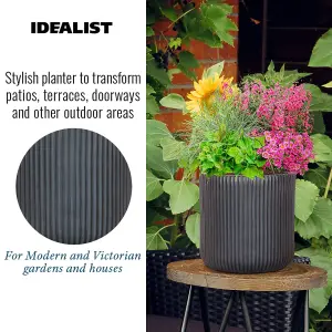 IDEALIST 30cm Round Planter, Ribbed Black Reinforced Stone Cylinder Outdoor Plant Pot D30 H30 cm, 21.6L