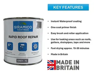 Rapid Roof Repair Paint - Grey - 1 Litre - Instant Waterproof Roof Sealant