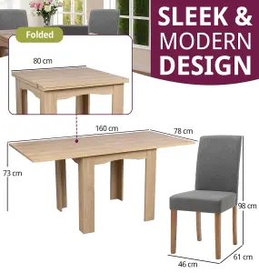 Hallowood Furniture Newquay Oak Flip Top Extending Table with 4 Upholstered Chairs in Grey Fabric