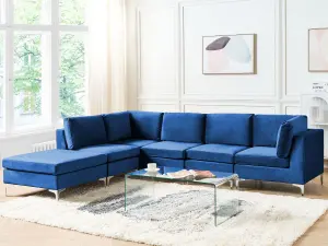 Corner Sofa with Ottoman EVJA Navy Blue Velvet Right Hand