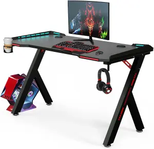 Gaming Desk RGB Lighting with Cup Holder and Headphone Hook