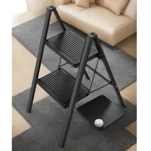 Black 2 Step Ladder Folding Metal Non Slip Stool Heavy Duty Carbon Steel